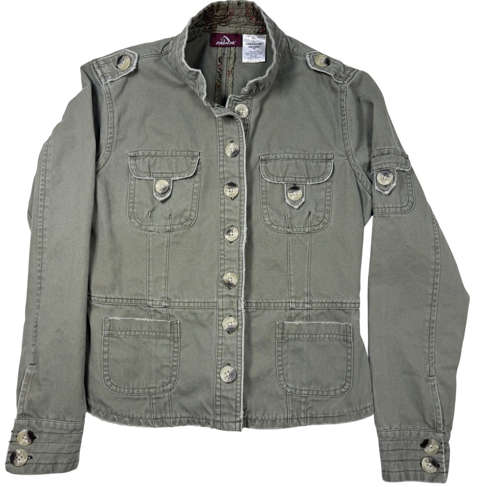 VTG Y2K Jordache Utility Jacket Junior M 7/9 Military Cargo Button Up Olive